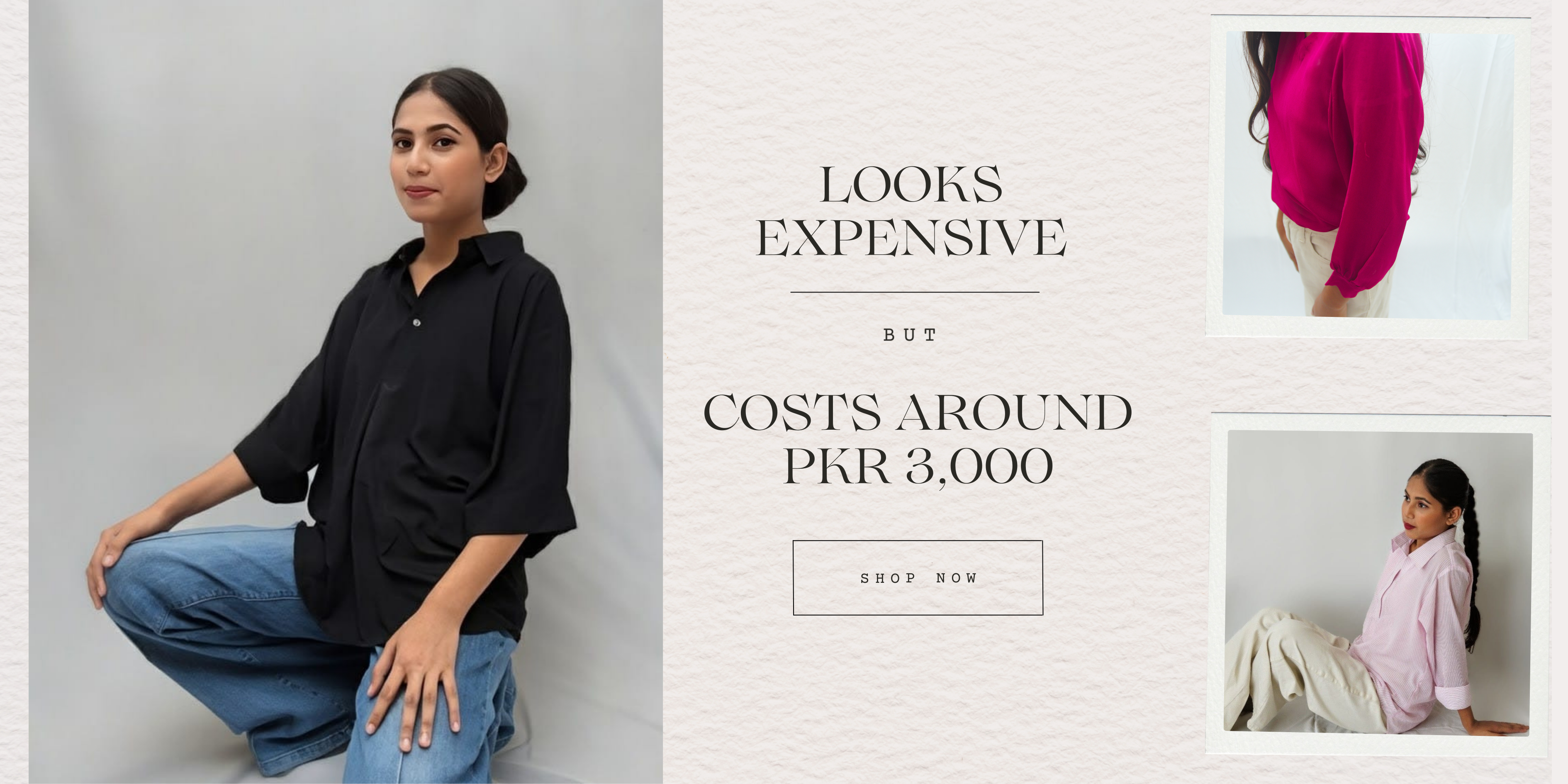 Woman wearing a black shirt and blue jeans with promotional text on a gray background